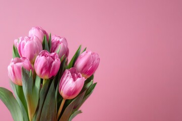 Obraz premium Bouquet of pink tulips with green leaves against a pink background