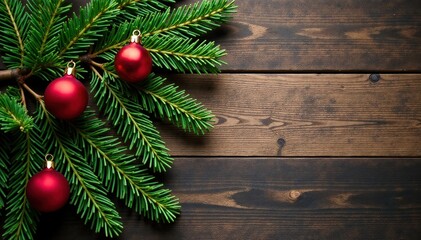 Rustic Christmas fir branch, ornaments, wood background, wood, stock