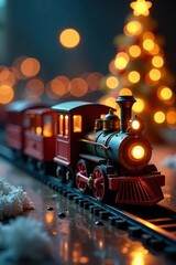Miniature train circles glowing Christmas tree , conifer, railway