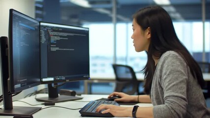 Software developer coding on dual monitors in a modern office environment