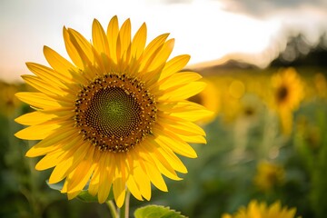 Obraz premium Bright yellow sunflowers blossom across a summer field under a blue sky.