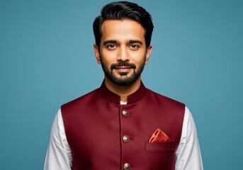 Obraz premium Portrait of a Confident Indian Man in Traditional Maroon Waistcoat