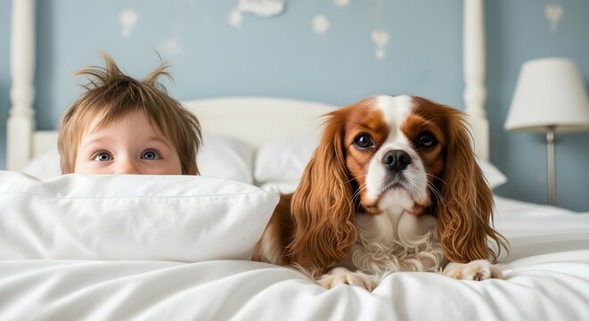Young kid peeking over a pillow next to a cavalier king charles spaniel dog on the bed. Childhood and pet companionship concept.