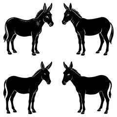 Four black silhouette donkeys standing facing each other on a white background in a symmetrical arrangement