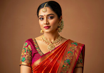 Elegant Indian Woman in Vibrant Silk Saree Traditional Jewelry Portrait