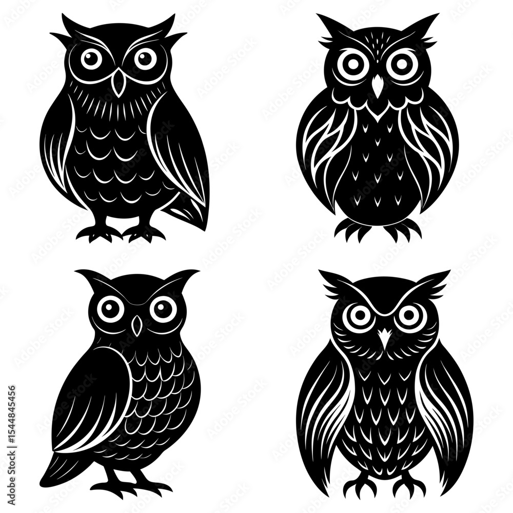 Poster four stylized owls in black and white with different feather patterns and eye expressions design