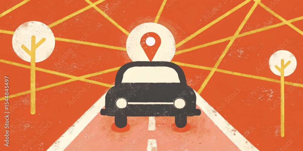 Poster navigation system illustration a car on the road with gps pin and network connections a modern desig