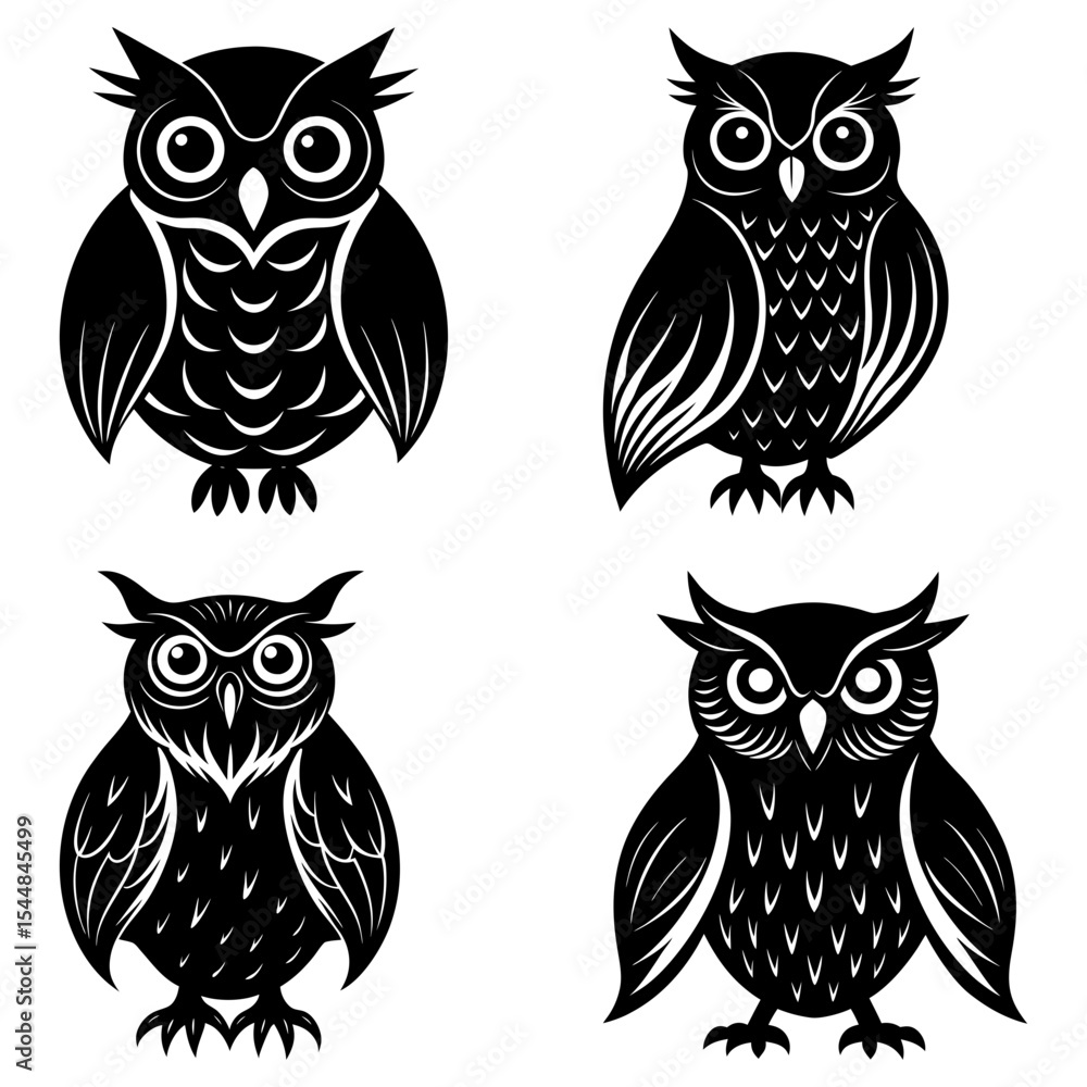 Poster four stylized owls in black and white with different feather patterns and facial expressions design 