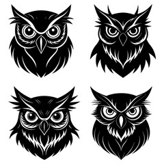 Collection of four stylized owl head illustrations in black and white vector format with detailed feathering