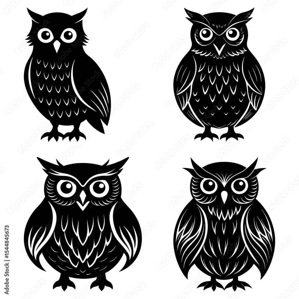Poster four stylized black owl illustrations with varying feather patterns on a white background display