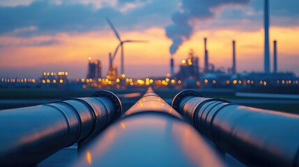 Close-up of pipe leading to wind turbines, highlighting renewable energy in industrial setting. 