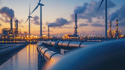 Close-up of pipe leading to wind turbines, highlighting renewable energy in industrial setting. 