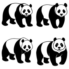 Naklejka premium Four panda bears depicted in black and white with varying poses and orientations on a white background