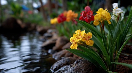 Vibrant blossoms line a tranquil pond