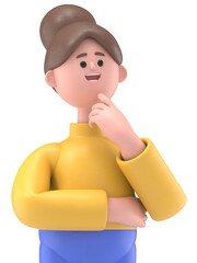 3D illustration of Asian woman Angela surrounded by question marks.Transparent Background Mockup.Supports PNG files with transparent backgrounds.