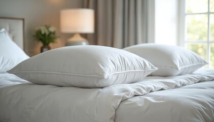Cozy bedroom interior features white pillows on bed with rolled duvet. Natural light from window creates calm atmosphere, evoking sense of relaxation. Home decor, comfort, hotel room, apartment