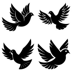 Obraz premium Four stylized black doves in flight with outstretched wings against a white background illustration
