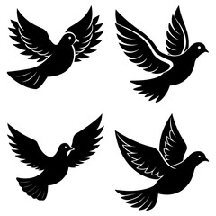 Obraz premium Four black silhouette doves in various flying positions on a white background vector illustration