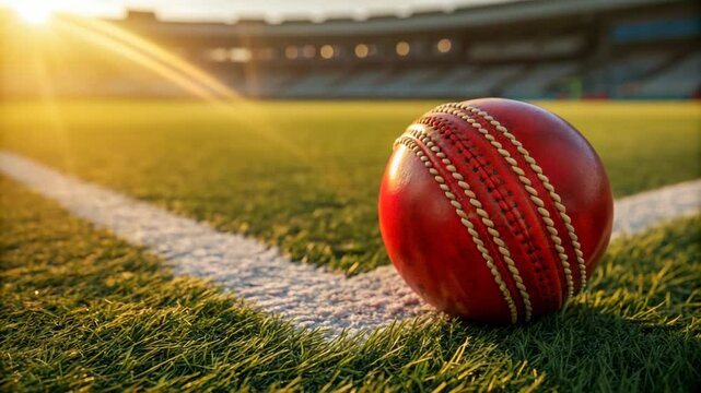 Golden Hour Cricket Ball on Lush Green Pitch Ready for a Thrilling Match at a Modern Stadium