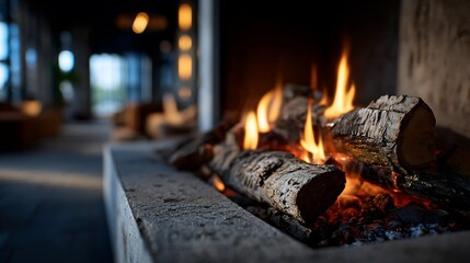 Warm fire crackling in stone fireplace