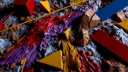 Vibrant paint cascade over rugged geometric landscape