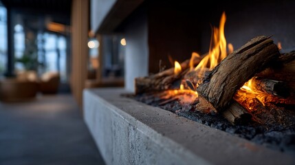 Warm fireplace with burning wood logs