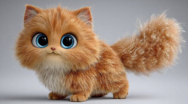 A charming orange cat with striking blue eyes stands playfully on a soft, neutral background, showcasing its fluffy fur and cute appearance. The cat exudes warmth and friendliness