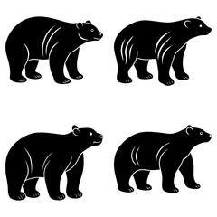 Fototapeta premium Four black bear silhouettes in various poses standing on a white background in a simple vector graphic