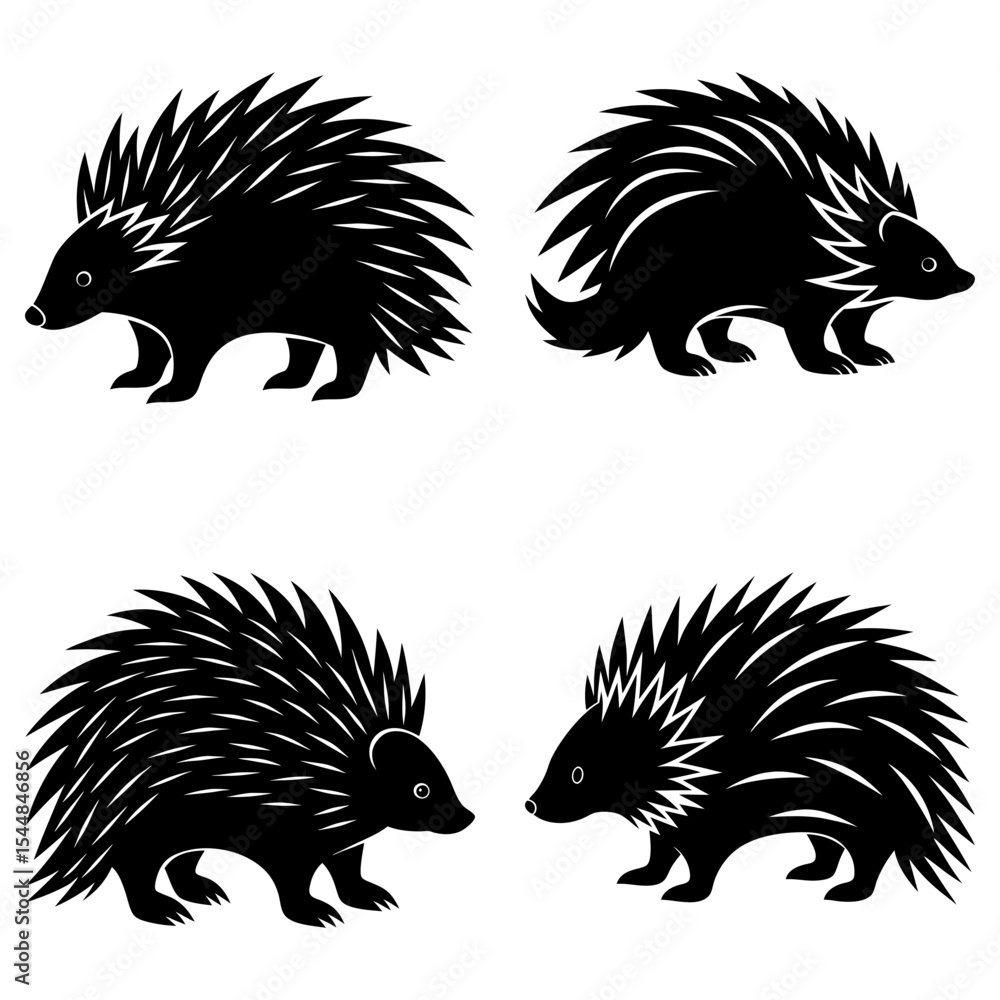 Poster four stylized black porcupines with sharp quills in various poses on a white background design image