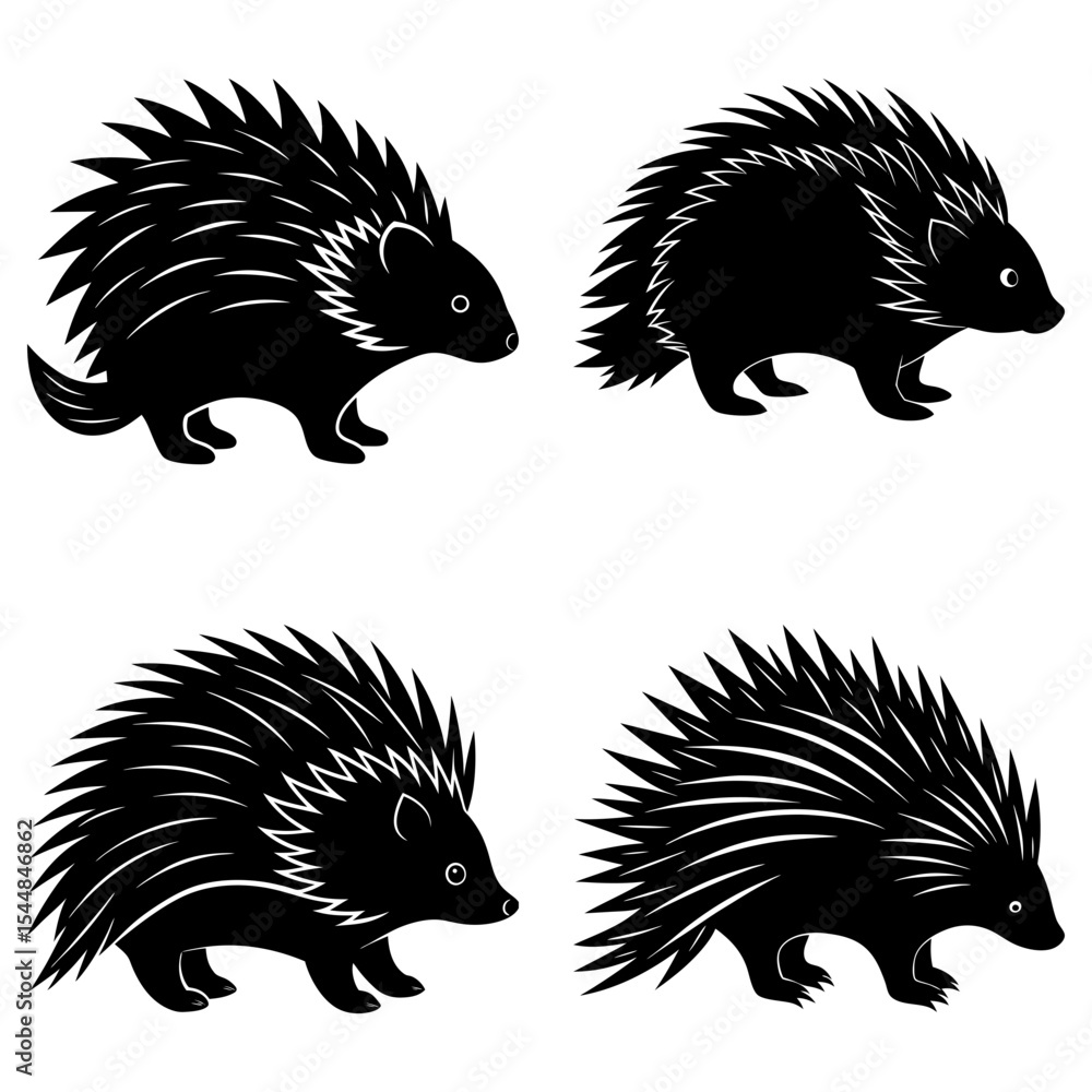 Poster four stylized black porcupines with sharp quills in various poses on a white background design eleme