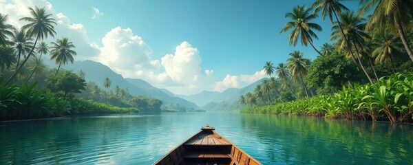 Kerala backwaters landscape boat view. Wooden boat floats calm water, surrounded tropical trees, rich plants. Turquoise water reflects sky. Serene vacation travel destination. Mountain range visible