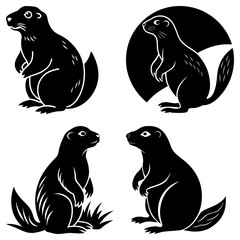 Four black silhouette illustrations of prairie dogs in various poses and backgrounds on a white backdrop
