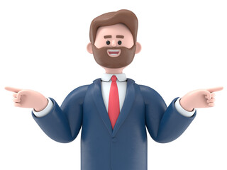 3D illustration of bearded american businessman Bob is pointing.Transparent Background Mockup.Supports PNG files with transparent backgrounds.