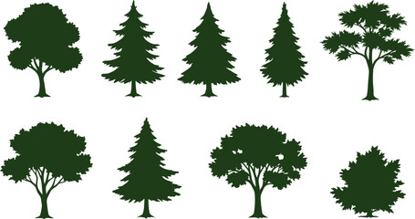 Diverse Tree Silhouettes Pine Oak Maple Forest Set