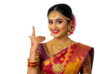 Beautiful Indian Bride Presenting Product Elegant South Indian Wedding Jewelry