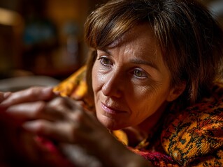 Womans introspective gaze in warm light