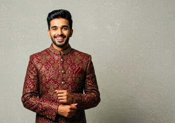 Happy Indian Groom in Traditional Maroon Sherwani Festive Celebration