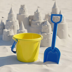 Obraz premium Yellow Sand Bucket and Blue Shovel in Front of Intricate Sandcastles on a White Sandy Beach Perfect Summer Playtime Scene