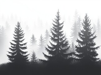 The forest features fir trees with three grey colors on a white background