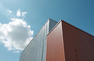 Fototapeta premium Low angle perspective of modern brown office building against clear blue sky. White clouds, corrugated metal industrial exterior. Business, corporate architecture. Brown, white, blue colors,