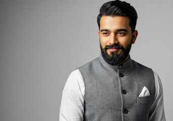 Confident Indian Man Portrait Studio Shot Elegant Attire Grey Nehru Jacket