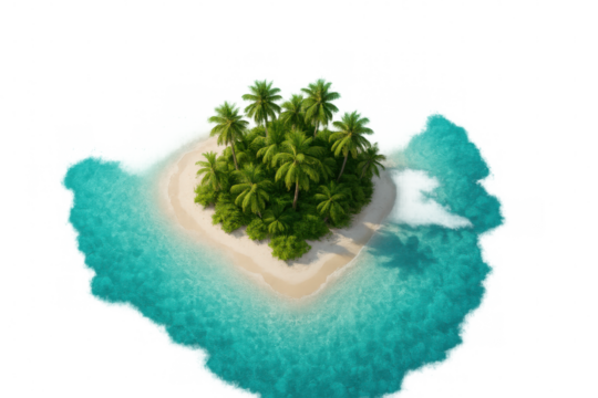 Verdant heart-shaped island rising from turquoise waters, featuring vibrant tropical vegetation, floating against transparent backdrop