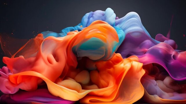 Vibrant abstract colorful fluid shapes swirling in motion against dark background, modern digital art concept.