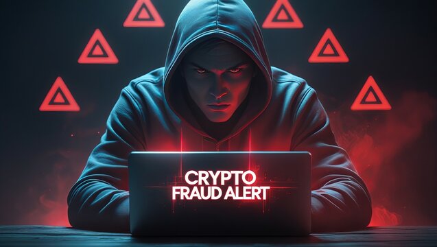 Male figure with a hooded sweatshirt focused on a laptop displaying a warning, showcasing a high-tech cyber threat atmosphere.