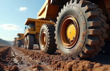 Massive mining dump trucks on muddy terrain. Yellow heavy equipment trucks hauling materials. Heavy machinery, construction industry, industrial transport vehicles on work site. Large tires, rough