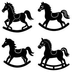 Four rocking horses in black silhouette with different designs and styles on a white background image