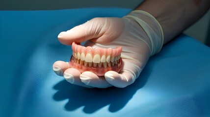 Examination of a Full Denture by a Dentist Wearing Gloves for Perfect Teeth