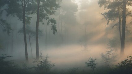 A view of tall trees in a dense forest shrouded in thick fog and soft golden light