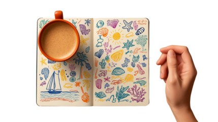 Open notebook with colorful beach doodles and pen, flat lay, PNG