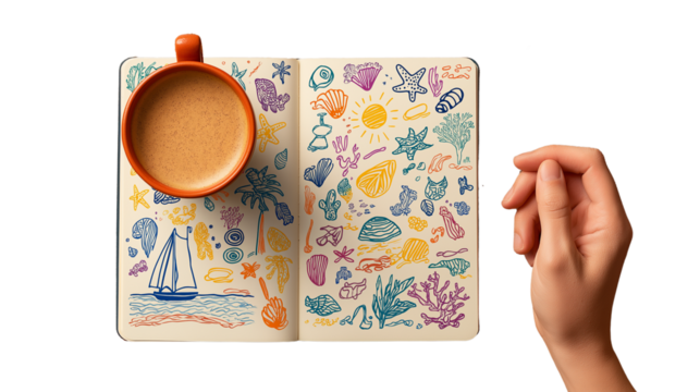 Open notebook with colorful beach doodles and pen, flat lay, PNG